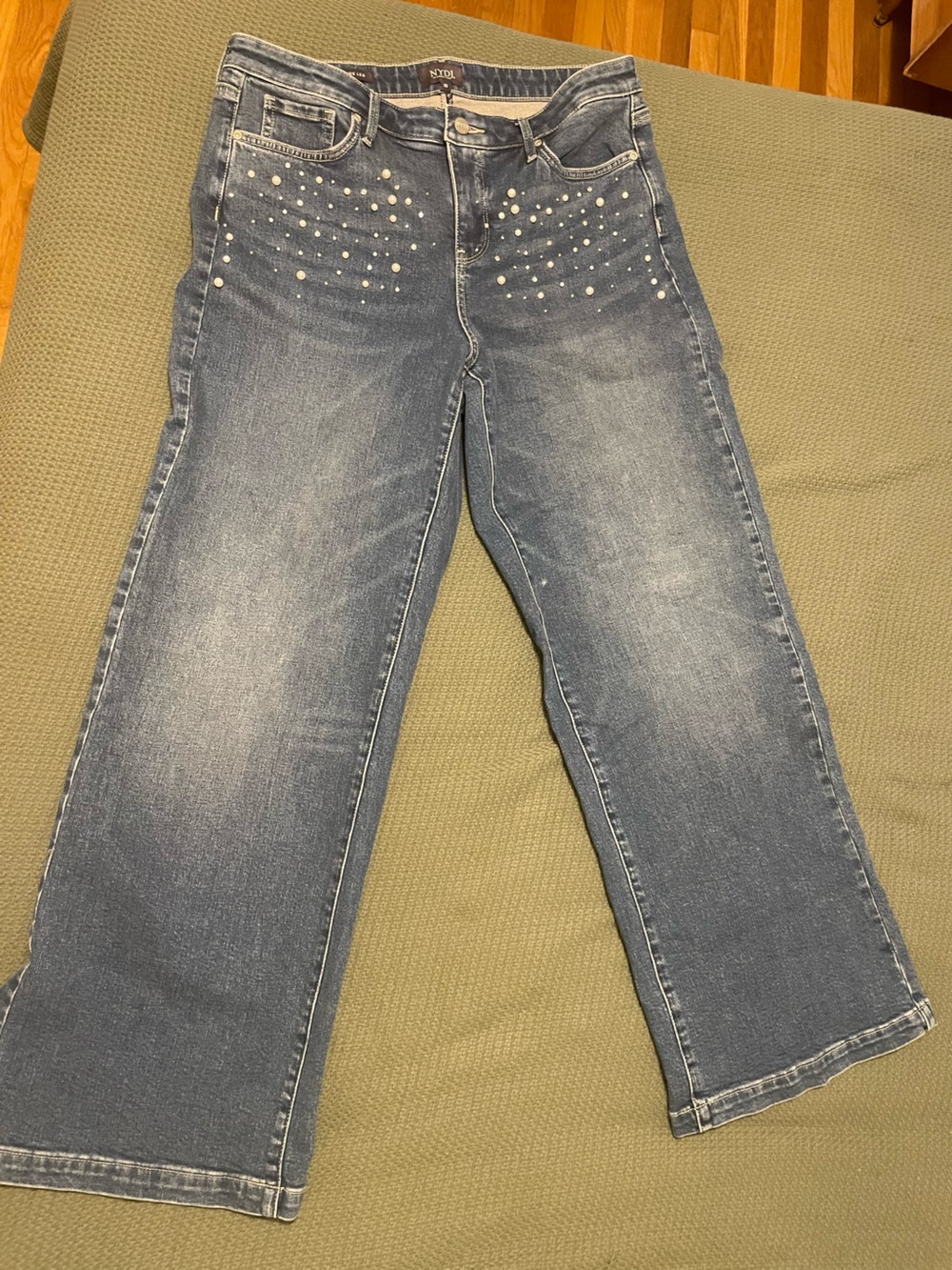 NYDJ Pearl-Embellished Medium Blue Skinny Jeans